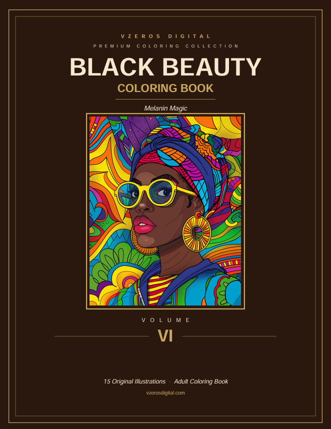 Black beauty coloring book page — Volume VI Melanin Magic